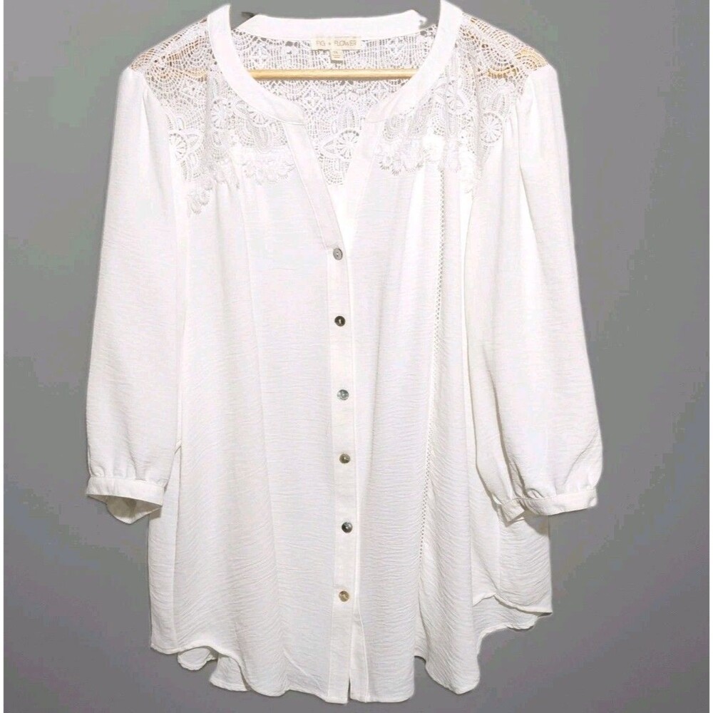 Fig And Flower Top Womens 3XL White Floral Embroidery Lace Button Up Fairycore
